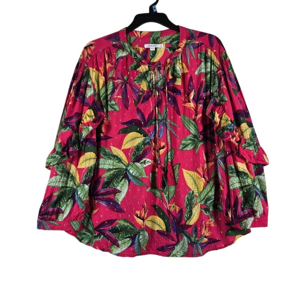 Chicos Top size 3 Womens XL Pink Gold Floral Tassel Tie Ruffled Long Sleeve